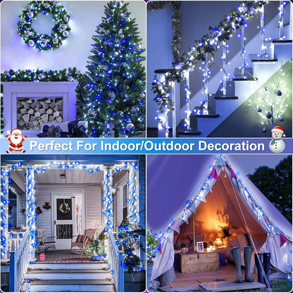 Christmas Lights Outdoor, 66FT 200 LED Christmas Tree Lights with 8 Modes Waterproof, Green Wire Plug in String Light for Indoor Patio Garden Xmas Party Wedding Holiday Decor, Blue White