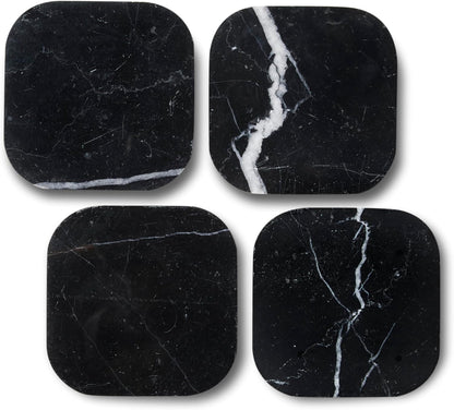 Italian 100% Marble Coasters – Set of 4 – Square Modern Bar Coasters for Drinks, Coffee –Stone Holder for Home Décor, Housewarming Gifts (Black Marquina)
