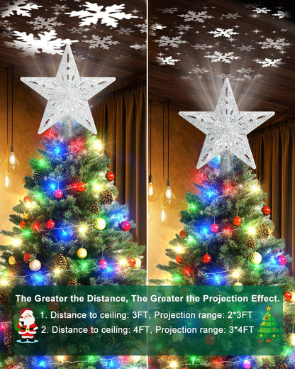 Kesfitt Christmas Tree Topper with 10M Colorful Light Cord, Tree Top Star Decoration with 6 Projection Modes, Silver Tree Topper Lighted 3D Glitter Dynamic Projection for Xmas Party Holiday