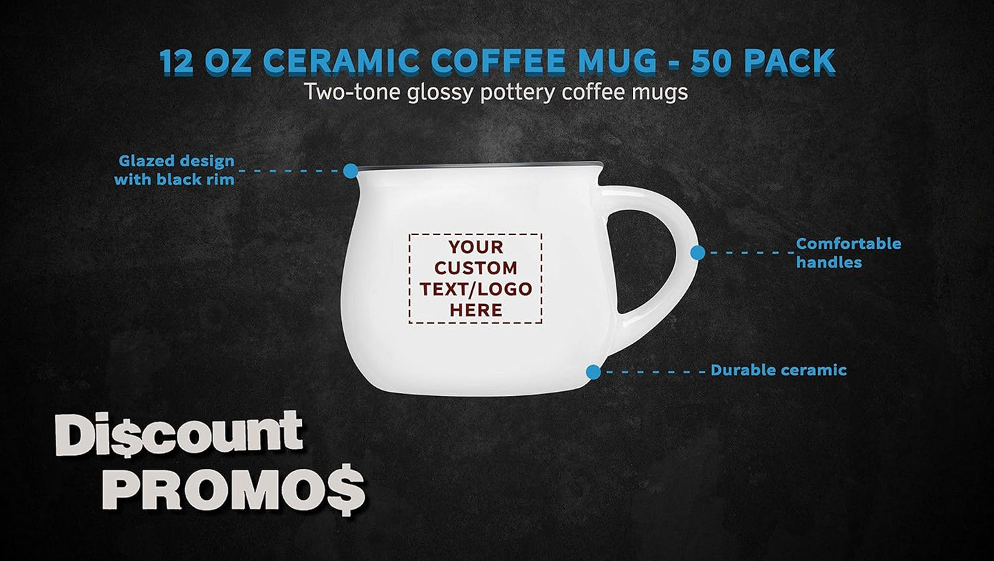 Custom Glazed Campfire Coffee Mugs 12 oz. Set of 50, Personalized Bulk Pack - Perfect for Coffee, Tea, Espresso, Hot Cocoa, Other Beverages - White