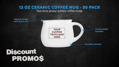 Custom Glazed Campfire Coffee Mugs 12 oz. Set of 50, Personalized Bulk Pack - Perfect for Coffee, Tea, Espresso, Hot Cocoa, Other Beverages - White