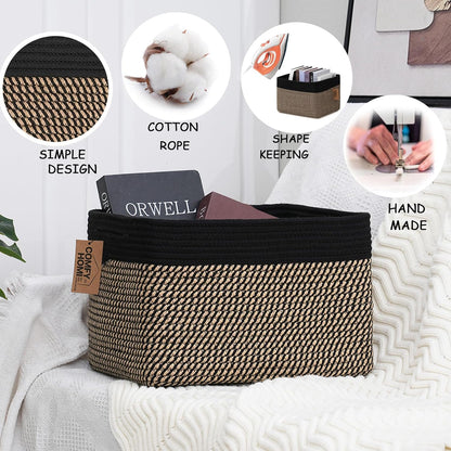 COMFY-HOMI Cotton Rope Woven Basket with Handles for Shelves,Toys,Book, Cloth Storage Baskets Bin for Organizing-13.5"x11"x9.5" Toy Decorative Organizer for Living Room, Bathroom-Black/Jute