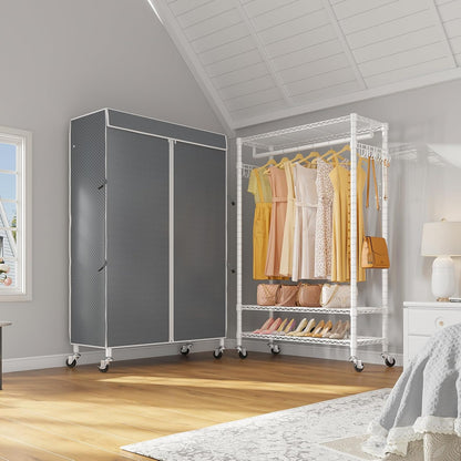 VIPEK R3C Portable Closet with Cover - Heavy Duty Freestanding Clothes Rack with Wheels & Hanging Rod & Side Hooks, 36.6" Lx17.3 Wx72.4 H, White Rack with Grey Upgraded Polyester Cover