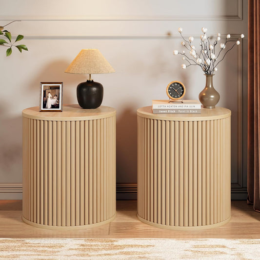 AVZEAR Small Round Side Table Fluted Night Stand Set of 2, Modern Boho End Table with Storage, Circle Bedside Tables Wood Nightstands for Small Spaces, Living Room, Bedroom (Nature)