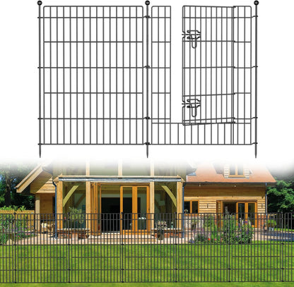 5 Panels No Dig Garden Fence with Gate, 44in(H) × 11.8ft(L) Decorative Metal Outdoor Dog Fence, Rustproof Pet Fencing for Yard, Patio, Flower Bed -Temporary Fencing| Easy to Install