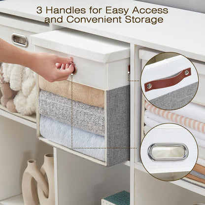 Fabric Storage Cubes with Clear Windows and Lids, 13'' Foldable Storage Bins with 3 Handles, Decorative Storage Boxes for Home, Bedroom, Closet, Office (Gray & White)