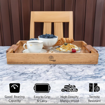 Mango Acacia Wood Serving Trays with Handles – Set of 2 Large Decorative Wooden Trays for Breakfast in Bed, Dinner, Snacks, Coffee Table, Ottoman, Couch & Patio Party – (16x10x1.75 & 8x12x1.75) Inches