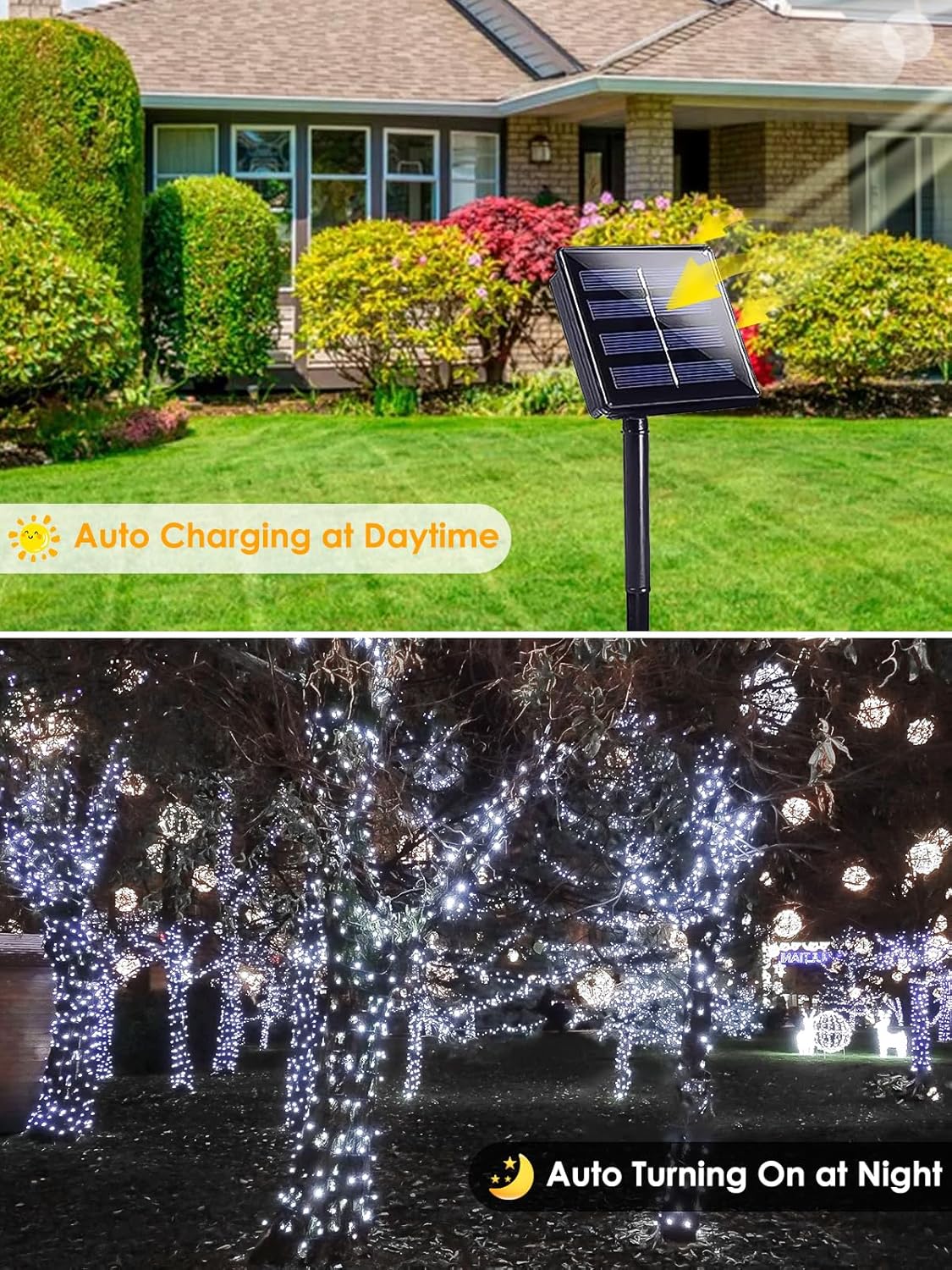 Cool White Solar Christmas Lights Outdoor Decorations Waterproof, Tatal 2 Pack 200LED 66FT Solar String Lights Green Wire with 8 Modes, Christmas Fairy Light for Xmas Tree Party Wedding Garden Decor