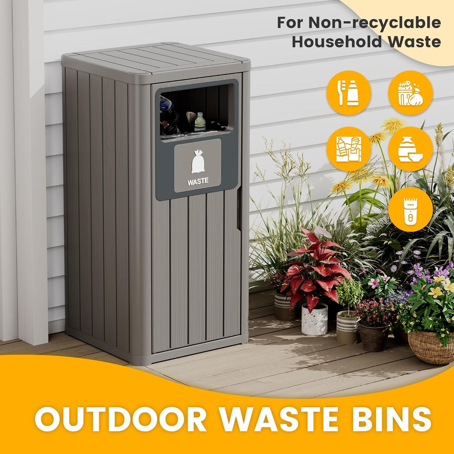 Outdoor Trash Can, Waterproof Resin Garbage Can Indoor and Outdoor Use, Durable & Weather-Resistant Commercial Garbage Can, Outside Trash Bin for Patio, Kitchen