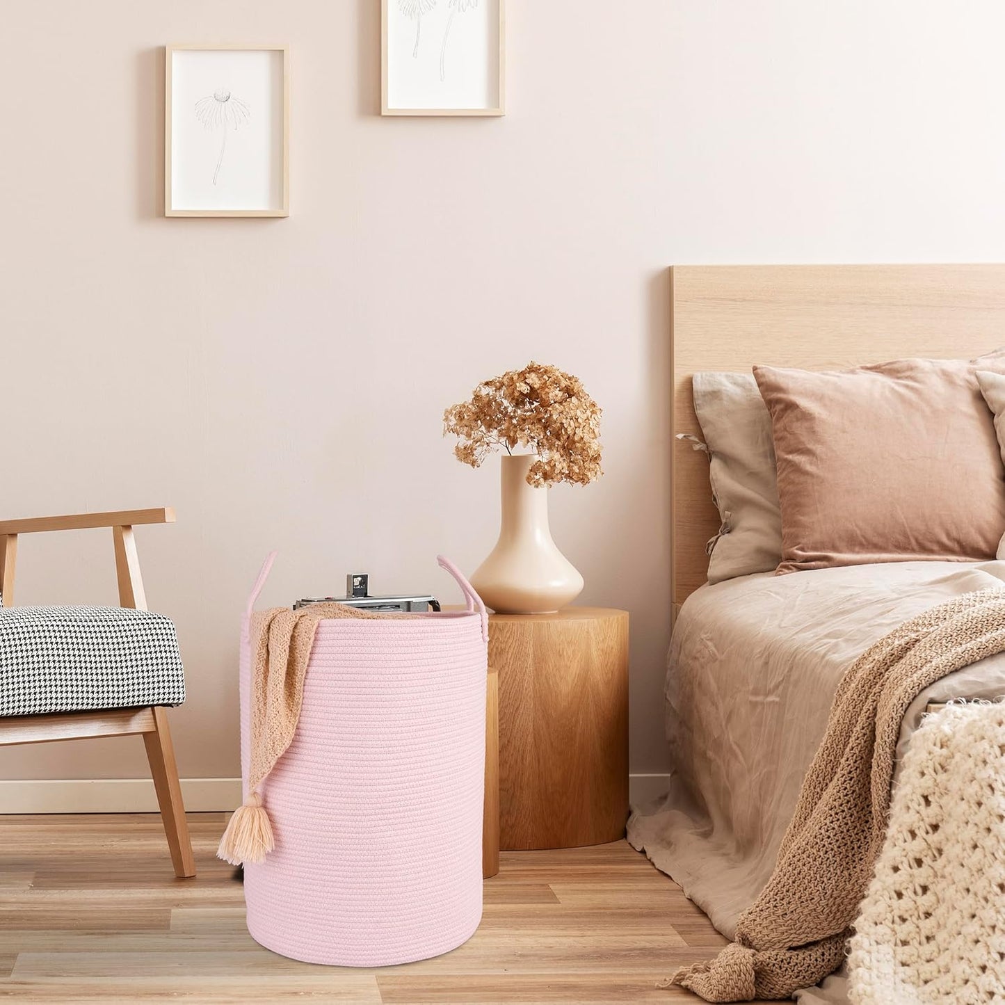 Cotton Rope Laundry Basket Hamper for Clothes Woven Storage Basket for Living Room Bedroom Boho Tall Rope Baskets for Blanket Toys Pillow Towels Baby Nursery Hamper Bin Large light pink