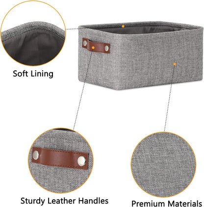 DULLEMELO Small Storage Baskets 11.8"x7.9"x5.1", Fabric Storage Bins for Shelves,Closets,Nursery,Home,Office [3 Pack], Collapsible Storage Baskets with Leather Handles (Gray)