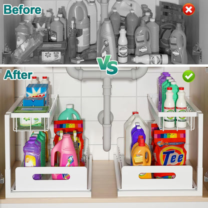 bukfen Under Sink Organizer, Pull Out Home Organizers 2-Tier Slide Out Sliding Shelf Under Cabinet Storage Multi-Use for Under Kitchen Bathroom Sink Organizers and Storage,White,2 Pack