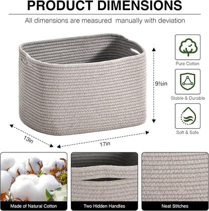 Woven Cotton Rope Storage Basket for Organizing, Cute Decorative Baskets for Gifts Empty, Organizer Bins for Dog Toy, Baby Laundry, 17“×13”×9.5“, Light Grey