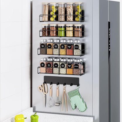 5-Pack Moveable Magnetic Spice Rack Organizer With 6 Hooks for Refrigerator, Metal Fridge Shelf, Black