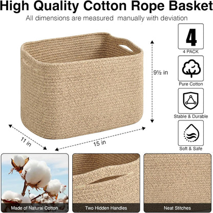 Storage Baskets for Organizing & Shelves, Woven Cotton Rope Organization Bins for Dog Toys, Clothes, Books, Nursery Organizer, 15" Lx11''Wx9.5''H, (4 Packs) Brown