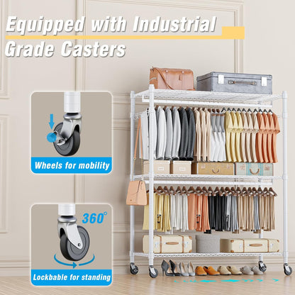 Homdox 3 Tier Garment Rack with Wheels, Portable Closets for Hanging Clothes Heavy Duty, Closet Racks and Shelving with Double Hanger Rods & Side Hooks, White