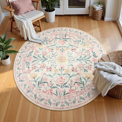 Wonnitar Washable Round Rugs 6ft, Pink Floral Circle Rug Large Round Carpet for Bedroom, Boho Soft Ultra-Thin Circular Carpets for Kids Playroom Living Room Nursery