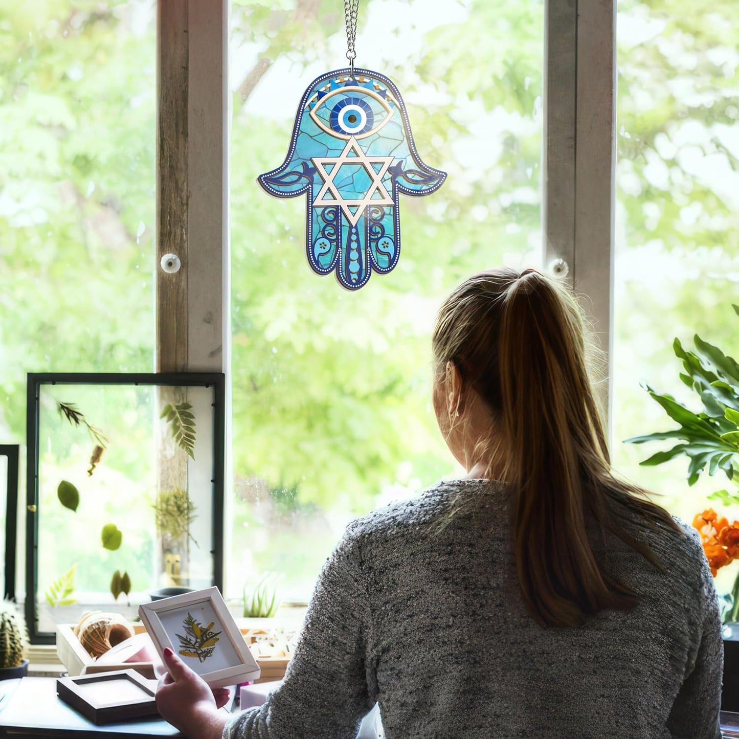 FLAGWIX Hanukkah Gifts for Men, Women - Christmas, Birthday Gifts for Mom, Friends, Hamsa Hand Home Decor, Good Luck, Spiritual, Housewarming Gift Ideas - Single Window Suncatcher Hanging Decorations