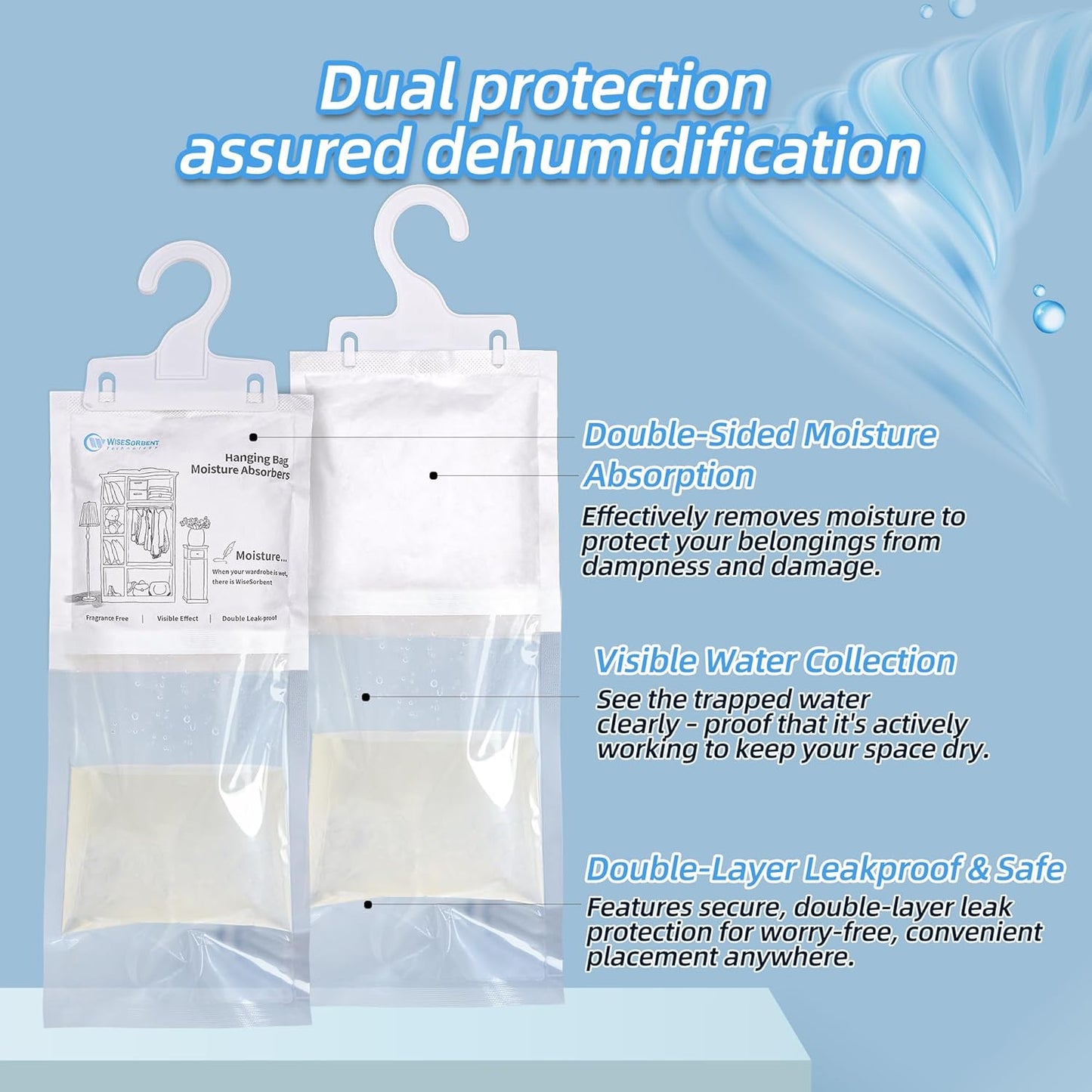 Moisture Absorber Hanging Bags 6 Pack - 7 oz Fragrance-Free Dehumidifier for Closet, Bathroom, Bedroom – Double Leak-Proof Design & Dual-Sided Absorption