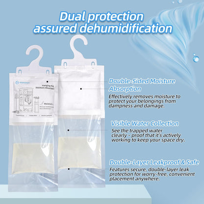 Moisture Absorber Hanging Bags 6 Pack - 7 oz Fragrance-Free Dehumidifier for Closet, Bathroom, Bedroom – Double Leak-Proof Design & Dual-Sided Absorption