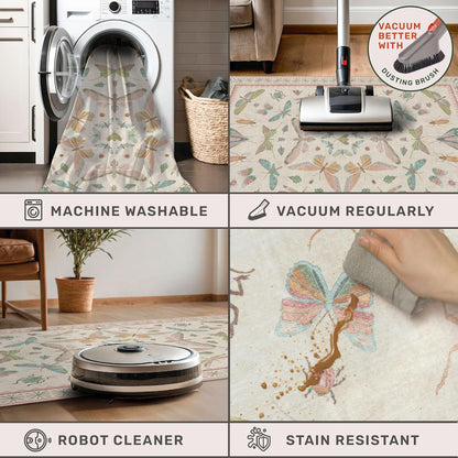 Washable 5x8 Light Pink Rug for Bedroom - Pink Boho Girl Nursery Rug, Living Room, Nature Insect Bug Print Home Decor