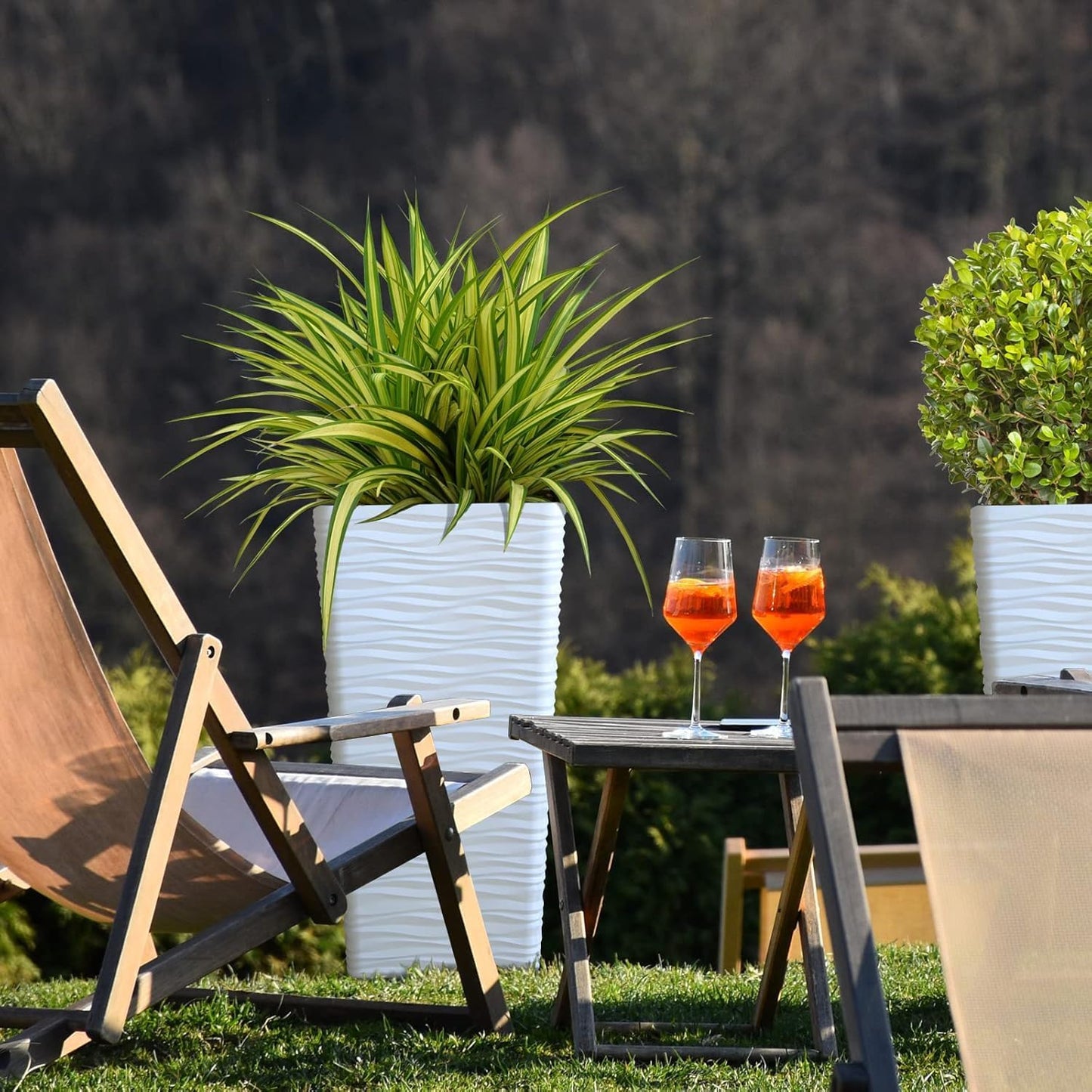 Worth Garden 22" Tall Planters Set of 2 - Plastic White Square Plant Pots - Modern Big Tapered Matte Wavy Tree Flower Pot for Indoor Outdoor Porch Deck