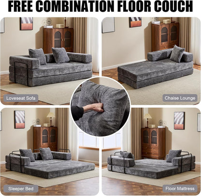 Convertible Sleeper Sofa Bed, Compression Folding Sofa with Pillow, No Assembly Required, Shape Frame, Floor Sofas Lounge Couch for Living Room, Bedroom, Small Spaces(Chenille, 77''W, Dark Grey)