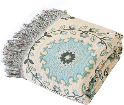 Snycler Boho Throw Blanket for Bed - 100% Cotton Ultra Soft Rustic Quilt - Blue Boho Floral Printed Farmhouse Decor Bed Blankets, 80"×90" All Season Rustic Throw for Sofa Couch Chair