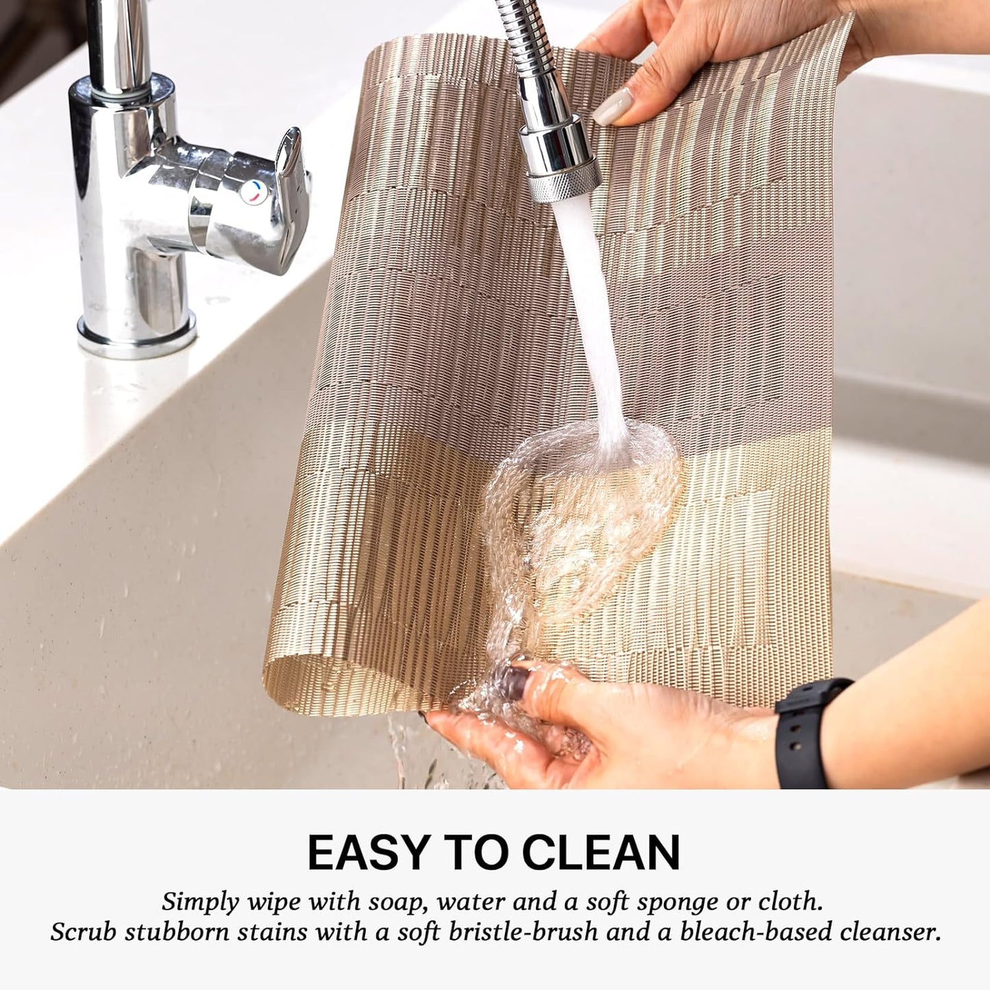 LEXMORE Placemats Set of 4 Vinyl/Plastic Woven Place Mats for Kitchen Table Indoor/Outdoor Washable Placemat Wipeable Dining Table Mats(Gold Dune)