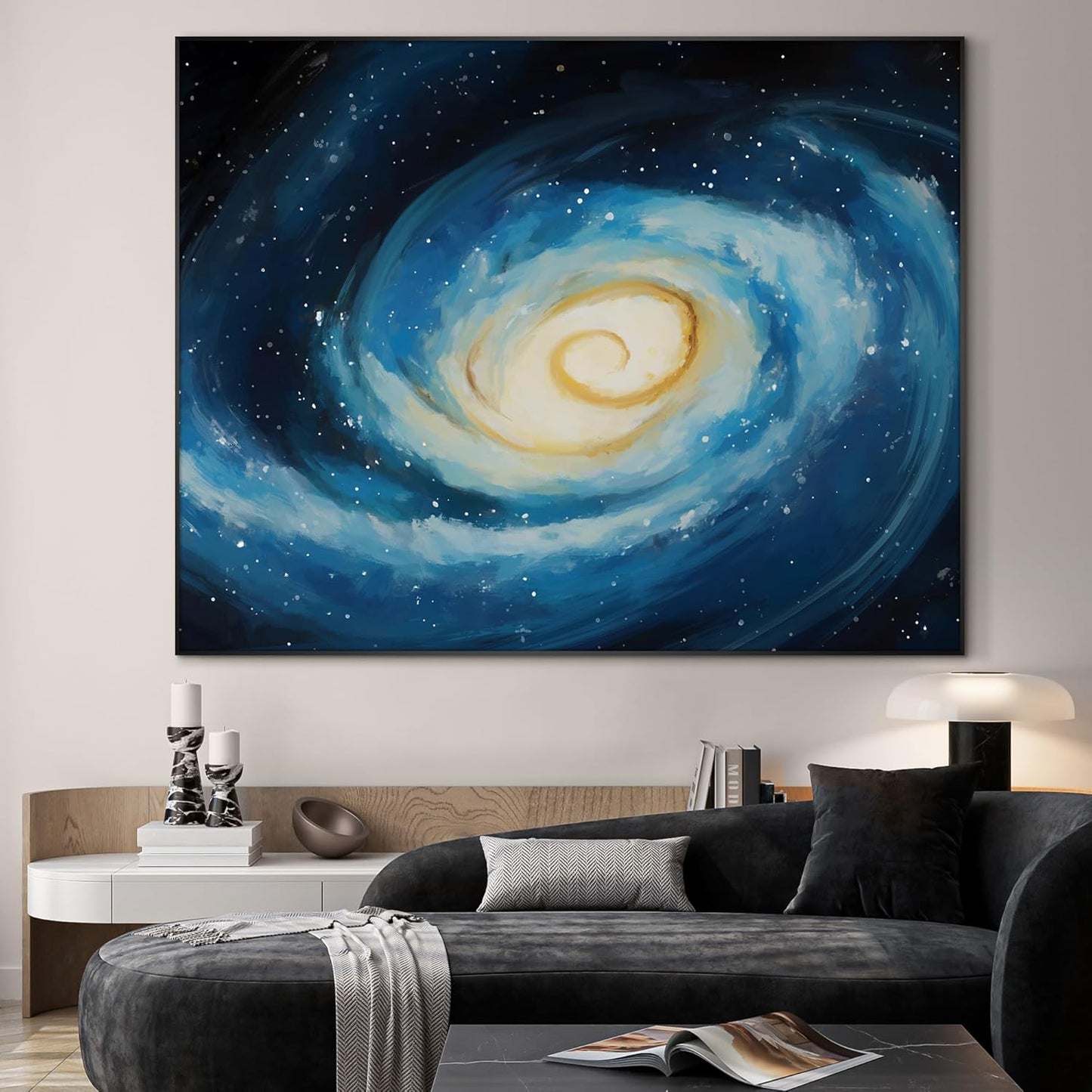 SIGNWIN 46"x60" Extra Large Framed Wall Art Spiral Galaxy Vivid Blue and Yellow Cosmic Space Illustration for Home Living Room Bedroom Decor (Frame Assembly Required)