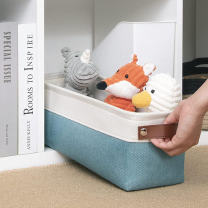 DULLEMELO Fabric Bathroom Storage Bin with Leather Handles, Narrow Organizer for Towels, Toilet Paper Rolls, Storage Basket for Back of Toilet, Vanities, Shelves & Cabinets (White&Teal)