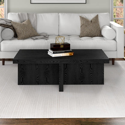 Henn&Hart 44" Rectangular Wood Pedestal Low-Profile Coffee Table for Living Room, Family Room, or Office, Black Grain
