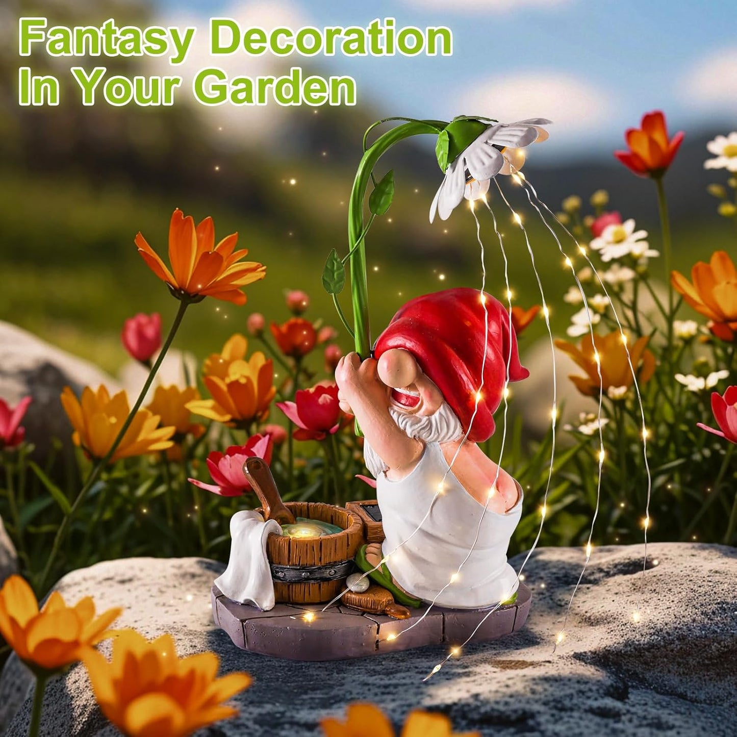 WINTS Garden Gnomes Outdoor Statue with Solar Lights,Bathing Funny Gnome Solar Garden Decorations for Lawn, Balcony,Yard,Patio Gnome Gifts for Mom