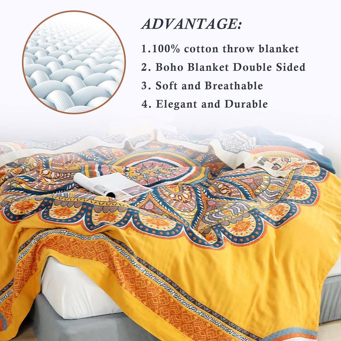 Snycler Boho 100% Cotton Throw Blanket, Decorative Muslin Boho Throw Blanket, Soft Cozy Colorful Bohemian Floral Reversible Blanket with Tassels for Chair Couch Bed Sofa Room Decor, 80x90 Inch