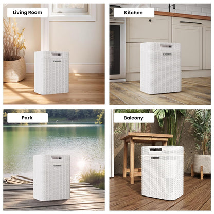 Ypati Handwoven 4 Gallon Rattan Trash Can with Lid, Boho Style Decorative Indoor and Outdoor Trash Bin with Shelf, Waste Basket for Bathroom, Patio, Study, with Trash Bags, Porcelain White, Eureka