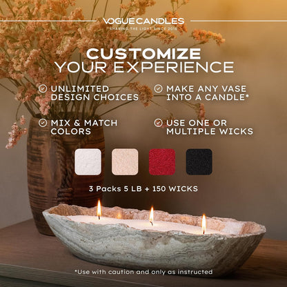 Vogue Candles 3-Pack 5 LB Refillable White Pearled Candle Sand – 15 LB Value Bundle with 150 Reusable Wicks - Bulk Plant-Based Candle Granules