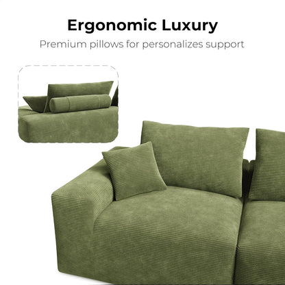 LIKIMIO 120" Modern L-Shaped Modular Sectional Sofa for Living Room, Corduroy Upholstery Green, Oversized 3-Seater Couch with Deep Seat and Movable Ottoman – No Assembly