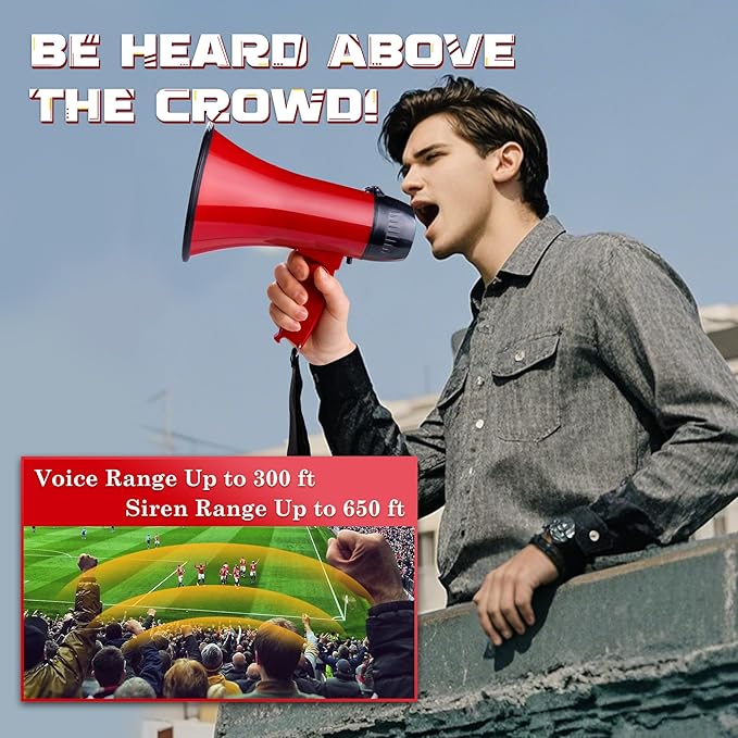 MyMealivos Portable Megaphone Bullhorn 20 Watt Power Megaphone Speaker Voice and Siren/Alarm Modes with Volume Control and Strap (Red)