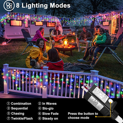Colored Christmas Lights Outdoor, 33ft 400 LED Icicle Lights for Outside House with Connectable Clear Wire 8 Modes Timer, Plug in Waterproof for Home Holiday Eaves Yard Party Room Indoor Decoration