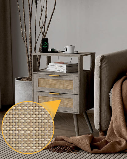 Rattan Nightstand with Charging Station,Modern Bedside Table with 2 Storage Drawer and Open Wood Shelf, for Bedroom and Small Spaces,Night Stand with Solid Wood Legs (Grey Oak)