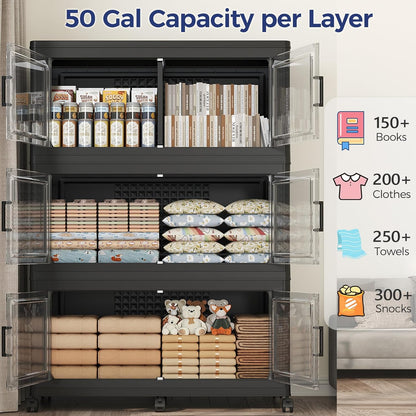 150GAL Extra Large Storage Bins with Lid, 600Qt Stackable Closet Organizers and Drawers, Collapsible Storage Bins with Wheels, Folding Storages Cabinet for Home Bedroom Office, 3Pack Black