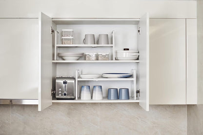 Nxconsu Cabinet Shelf Expandable Height Adjustable Organizer Riser for Kitchen Cabinet Pantry Cupboard Under Sink Countertop Organization Storage Space Saver Stackable Heavy Duty Metal White