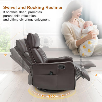 Manual Swivel Rocker Recliner Chair for Adults, Overstuffed Reclining Glider Chair for Nursing with Vibration Massage & Heat, Living Room Rocking Recliner 2-Stage backrest, Faux Leather Brown