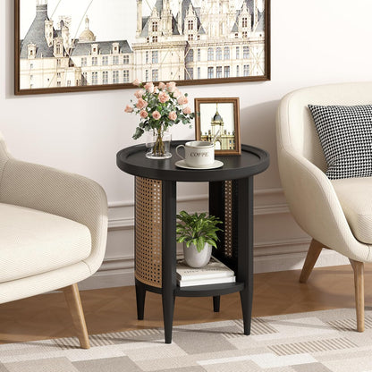 Yusong Round End Table Rattan Side Table with Solid Wood Legs, Boho Style Nightstand Bedside Table with 2-Tier Shelves, Small Coffee Table for Living Room Bedroom Small Spaces Black