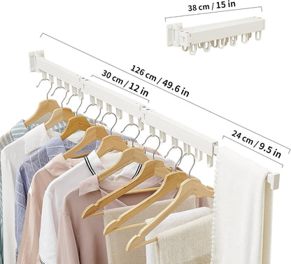 Clothes Drying Rack Wall Mounted, Laundry Drying Rack Collapsible, Space Saving Wall Drying Rack Clothing Foldable, Tri-Fold Retractable Rack Outdoor Indoor with 18 Hooks(White，Loop-Shape Hooks)