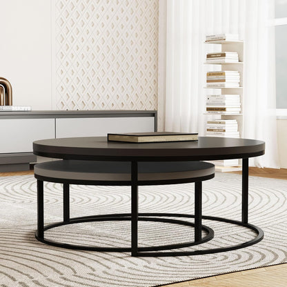 Modern Round Coffee Table Set, Nesting Cocktail Tables with Black Metal Legs, Dark Gray/Light Gray, Easy Assembly, 31.5/23.7 Inches, Perfect for Living Room, Bedroom, or Lounge