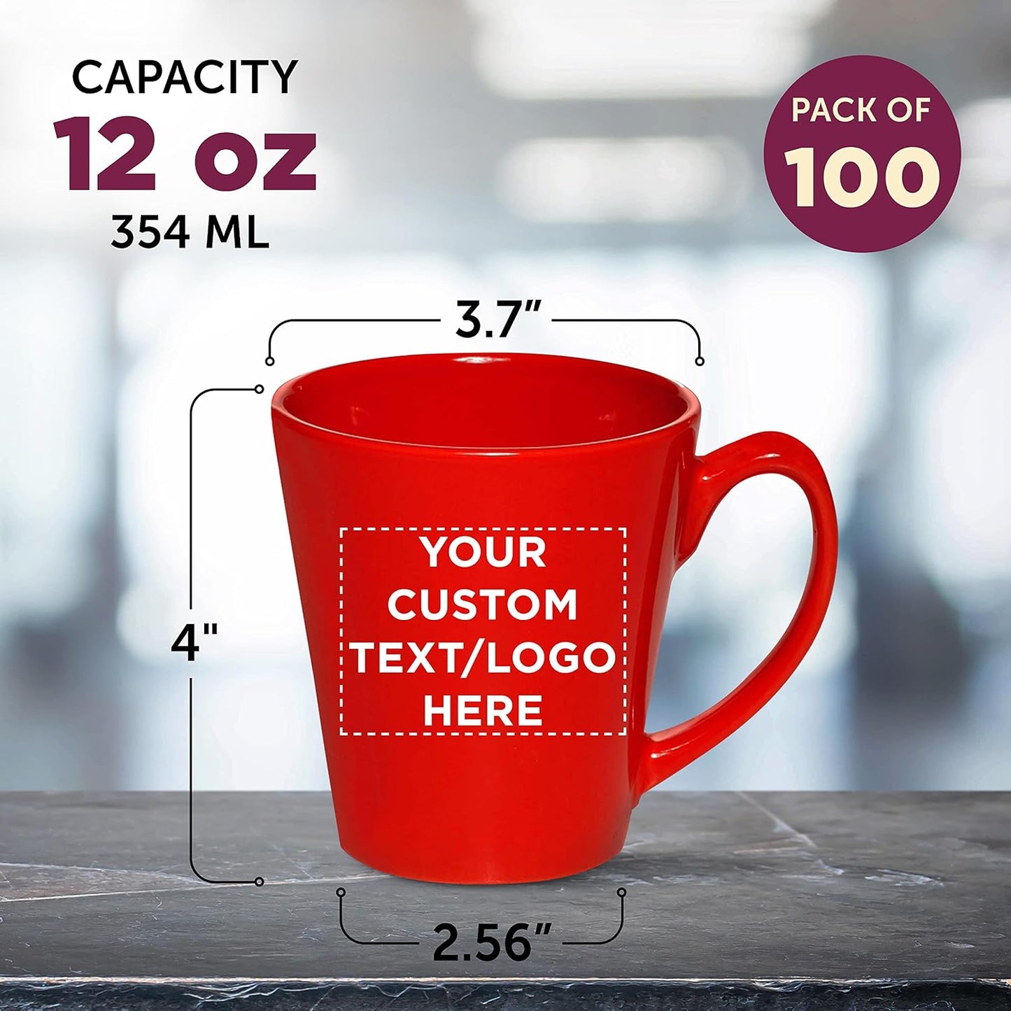 DISCOUNT PROMOS Custom Glossy Ceramic Latte Coffee Mug 12 oz. Set of 100, Personalized Bulk Pack - Perfect for Tea, Espresso, Cappuccino, Hot Cocoa - Red