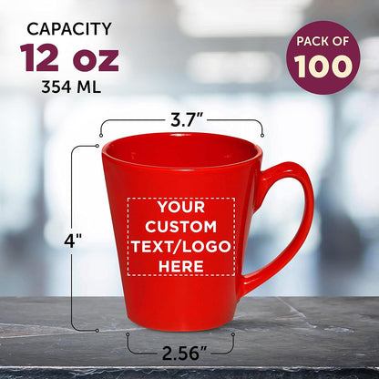 DISCOUNT PROMOS Custom Glossy Ceramic Latte Coffee Mug 12 oz. Set of 100, Personalized Bulk Pack - Perfect for Tea, Espresso, Cappuccino, Hot Cocoa - Red