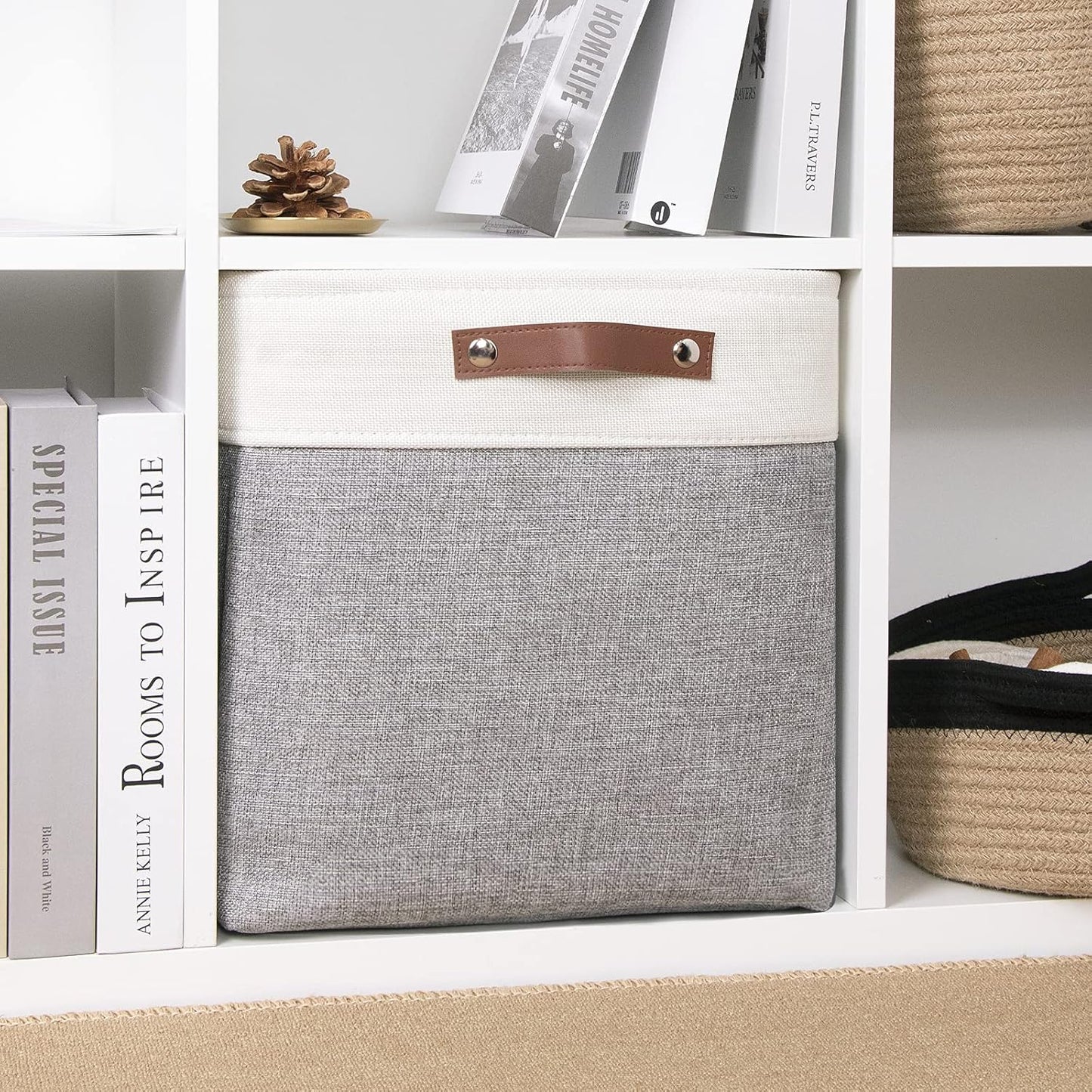 DULLEMELO Cube Basket for Storage, Collapsible Fabric Cube for Organizing, Storage Cube for Closet, Laundry, Nursery, Shelves, Decorative Basket for Gifts Empty (White&Gray)