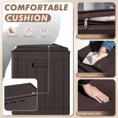 Devoko 100 Gallon Deck Box, Waterproof Resin Outdoor Storage Box with Cushion for Outside and Patio, Large Outdoor Storage Bench Cabinet Lockable for Patio Furniture and Garden Tools (Deep Brown)